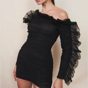 NWT Mimii London Black Ruffle Ruched Long Sleeve‎ Dress Womens Size S